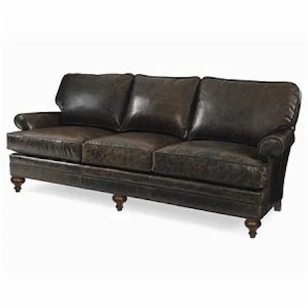 Leather Sofa with Rolled Arms and Turned Wood Feet